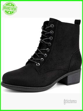 Chunky Lace-up Combat Bootie with Side Zipper Ankle Boots Low Heel